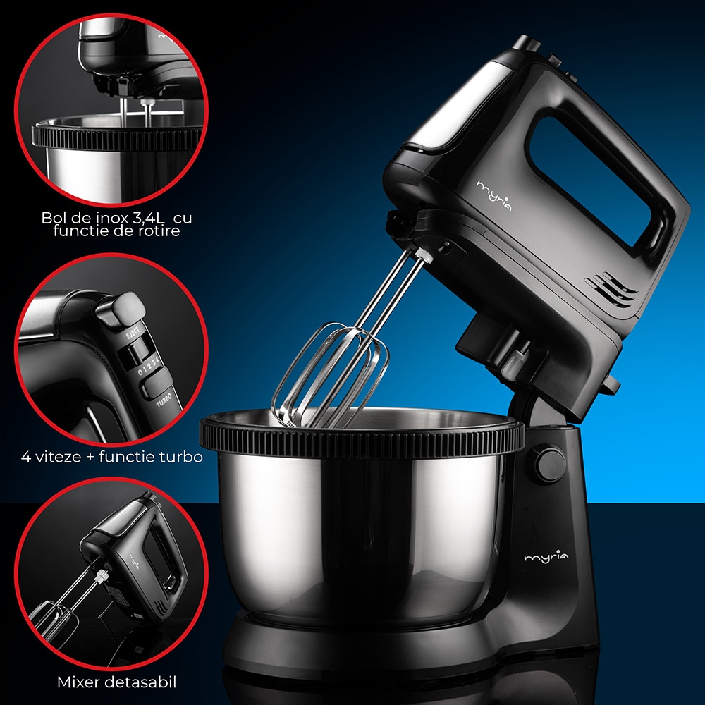 Mixer cu bol MYRIA MY4024BK, 3.4l, 300W, 5 trepte viteza, argintiu-negru 