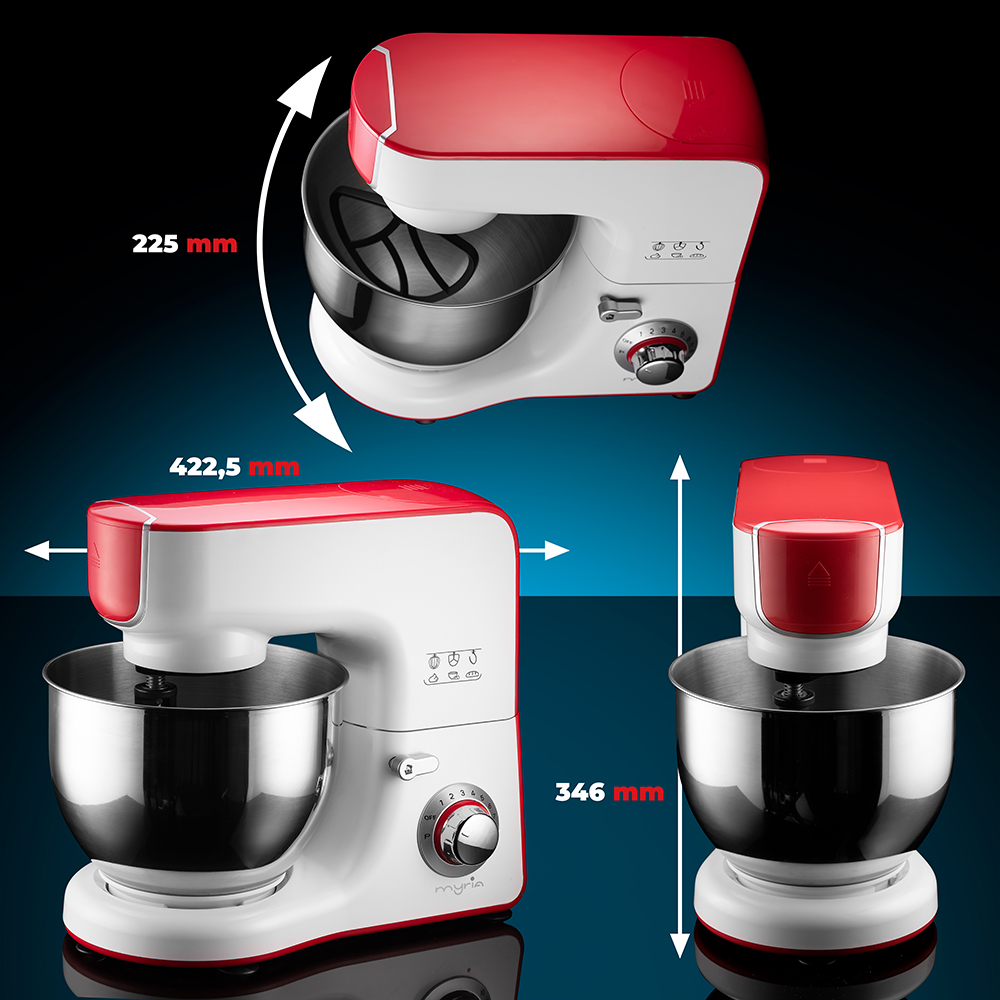Mixer cu bol MYRIA MY4121, 5l, 1000W, 10 trepte viteza, alb-rosu