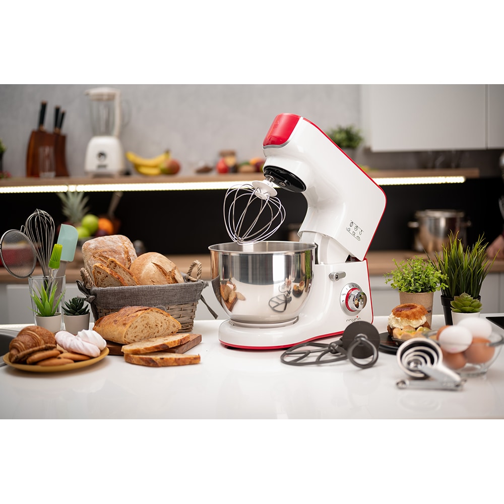 Mixer cu bol MYRIA MY4121, 5l, 1000W, 10 trepte viteza, alb-rosu