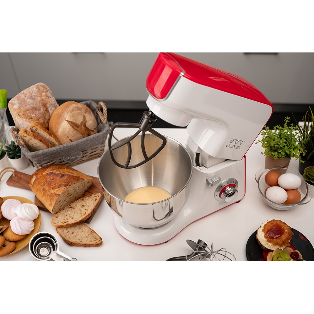 Mixer cu bol MYRIA MY4121, 5l, 1000W, 10 trepte viteza, alb-rosu