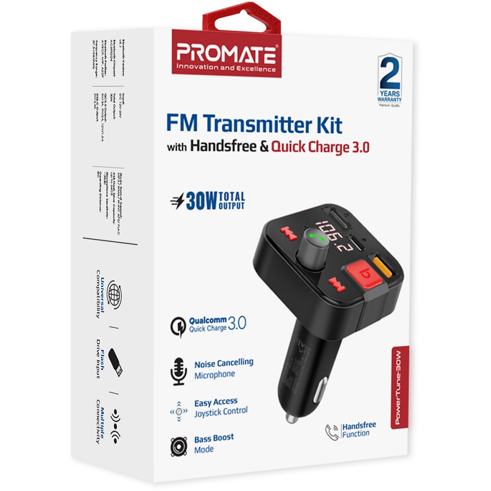 Modulator FM PROMATE PowerTune-30W, Bluetooth, USB, negru
