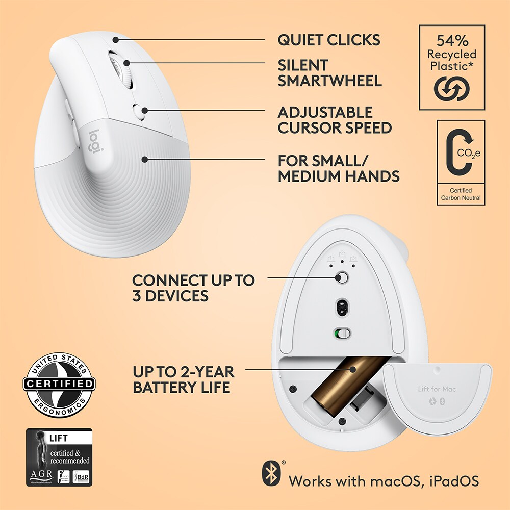 Mouse Bluetooth pentru Mac LOGITECH Lift Vertical , 4000 dpi, alb