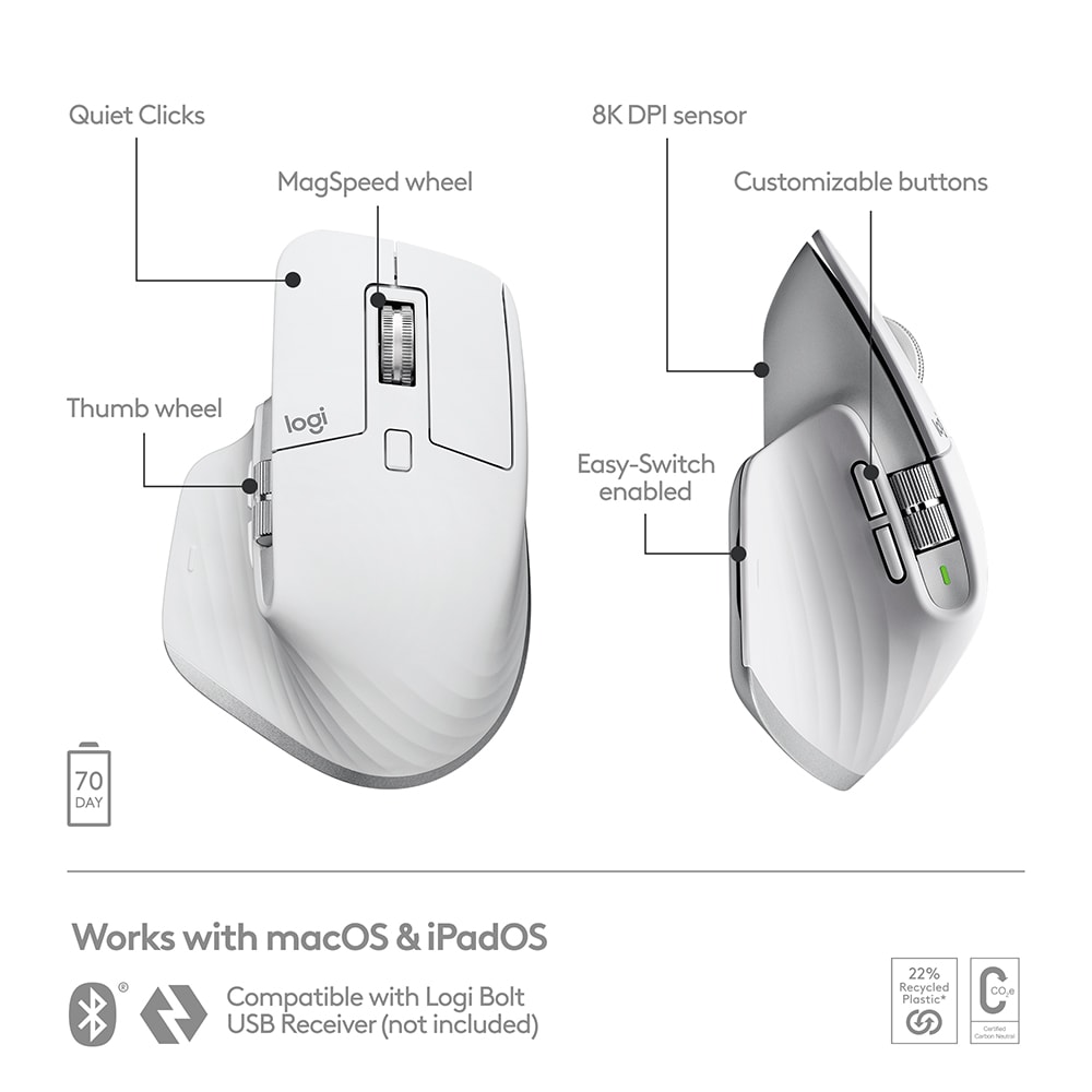 Mouse Bluetooth pentru Mac LOGITECH MX Master 3S, 8000 dpi, alb