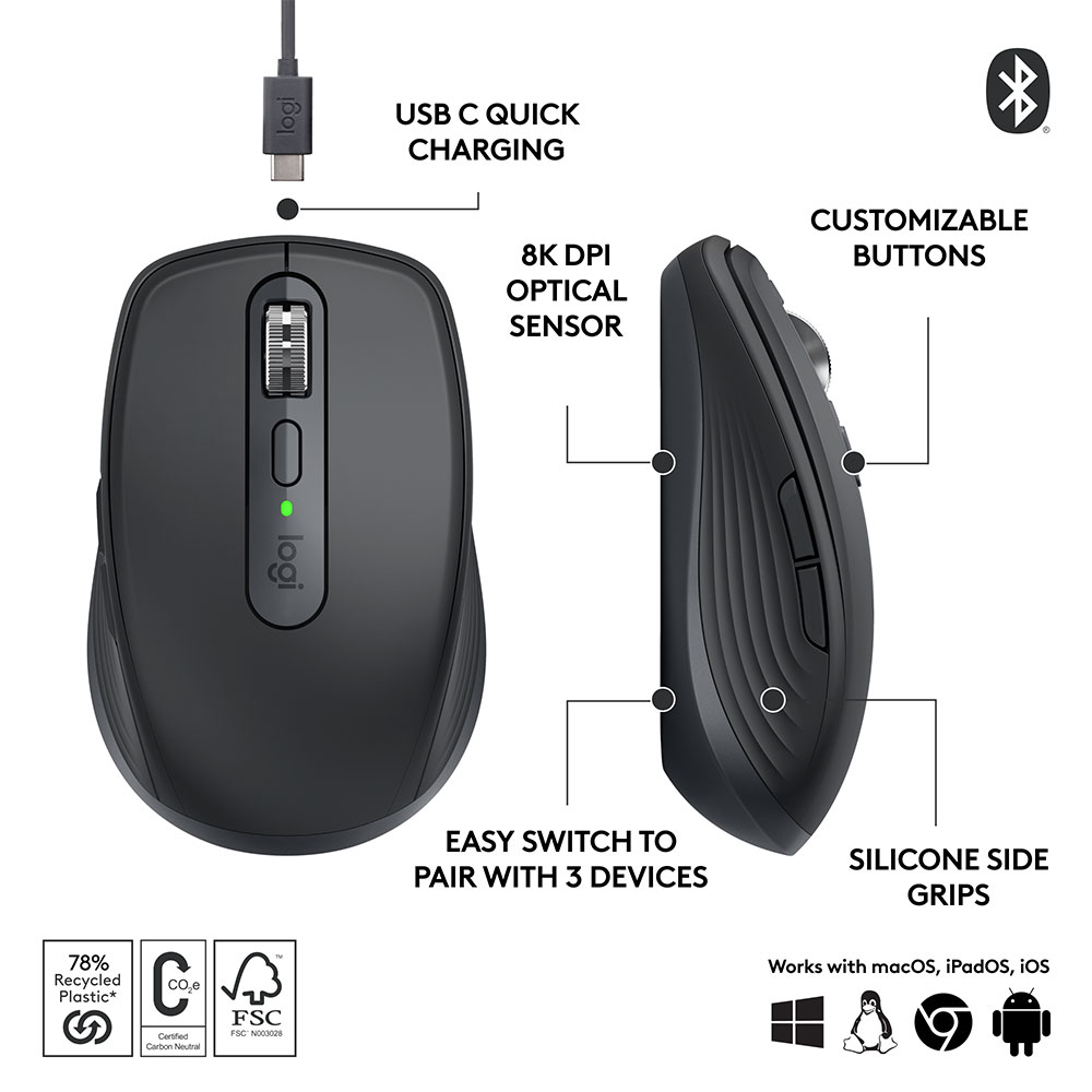 Mouse Wireless LOGITECH MX Anywhere 3S, 8000 dpi, negru