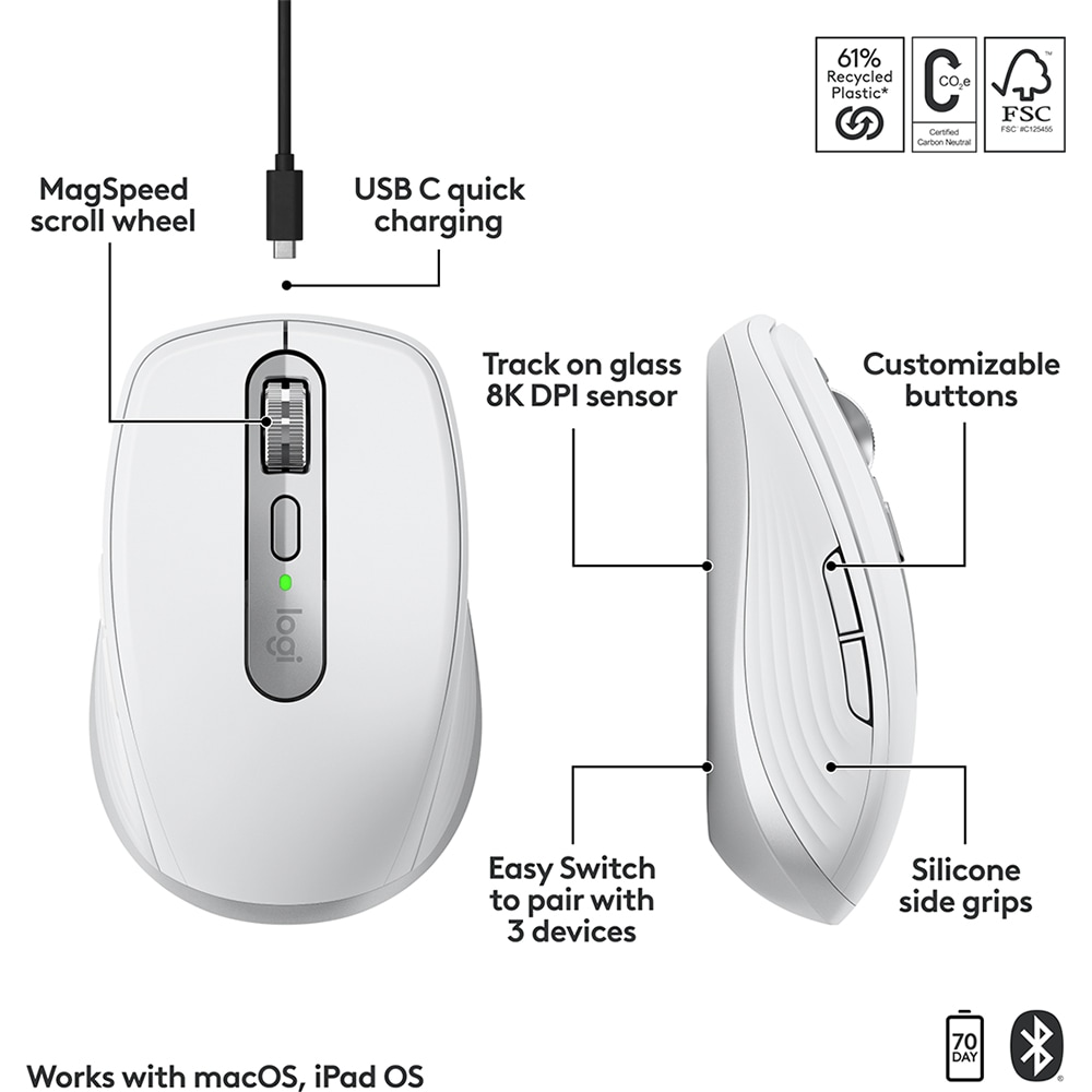 Mouse Bluetooth pentru Mac LOGITECH MX Anywhere 3S, 8000 dpi, alb