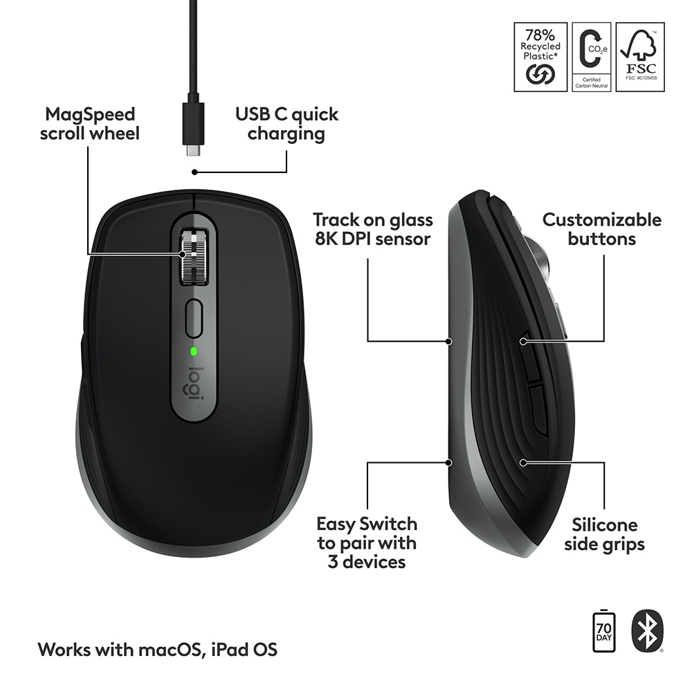 Mouse Bluetooth pentru Mac LOGITECH MX Anywhere 3S, 8000 dpi, negru