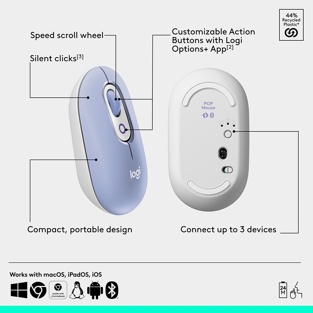 Mouse Wireless LOGITECH Pop Emoji, Dual Mode, Bluetooth, lila