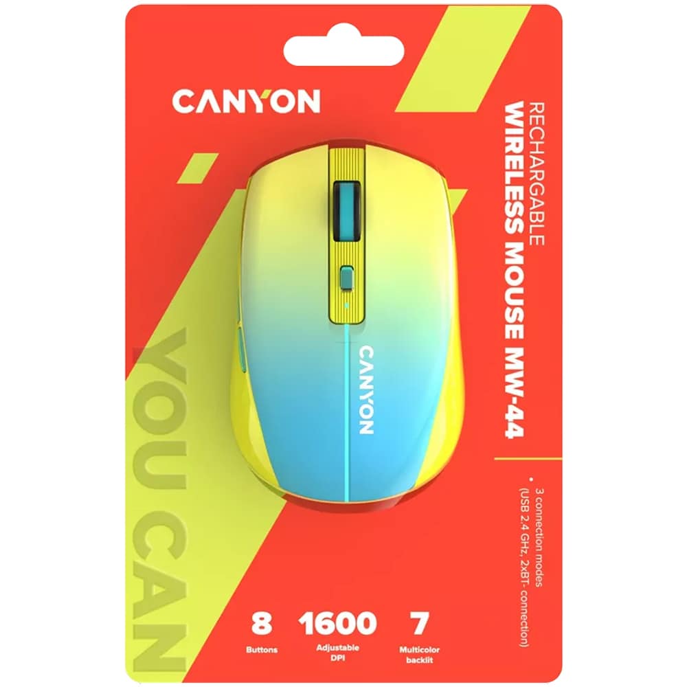 Mouse Wireless CANYON MW-44, Dual Mode, 1600 dpi, Bluetooth, galben