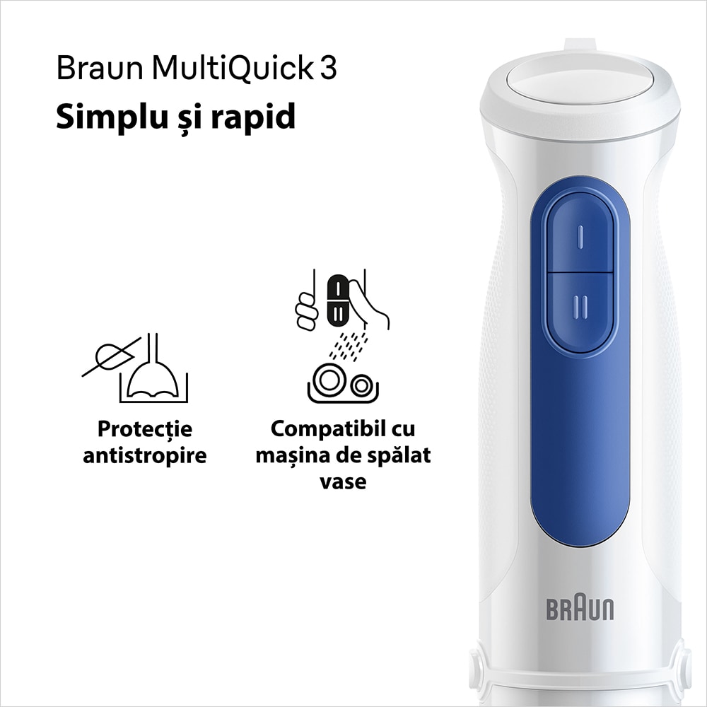 Mixer vertical BRAUN MQ30202M, 0.6l, 900W, 2 trepte viteza, alb-albastru