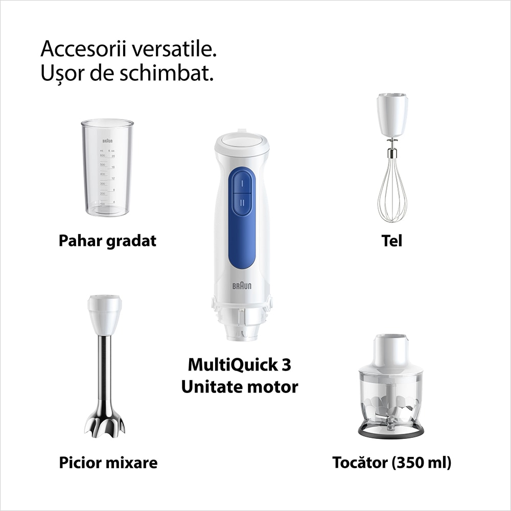 Mixer vertical BRAUN MQ30202M, 0.6l, 900W, 2 trepte viteza, alb-albastru