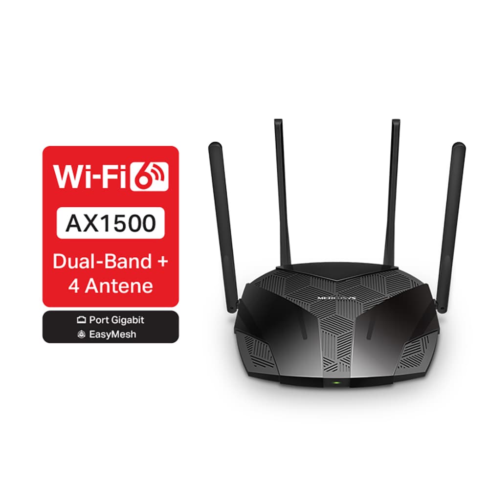 Router Wireless Gigabit MERCUSYS MR1500X, WI-Fi 6, Dual-Band 300 + 1201 Mbps, negru