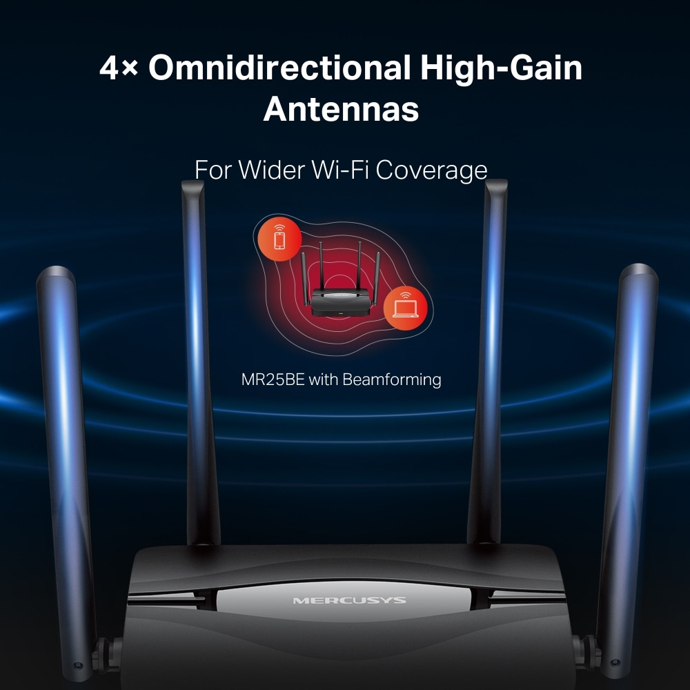 Router Wireless Gigabit MERCUSYS MR25BE BE3600, WI-Fi 7, Dual Band 688 + 2880 Mbps, negru