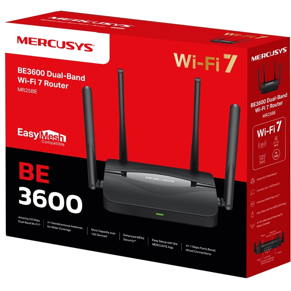 Router Wireless Gigabit MERCUSYS MR25BE BE3600, WI-Fi 7, Dual Band 688 + 2880 Mbps, negru