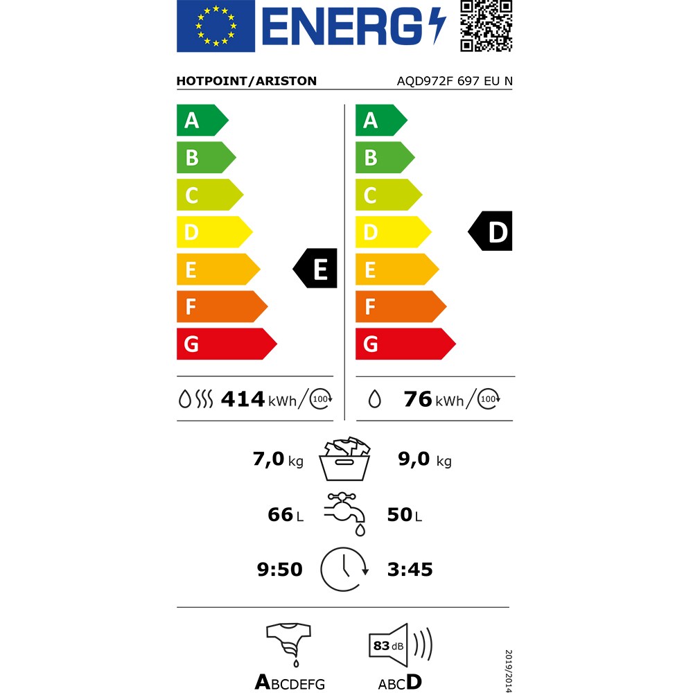 Masina de spalat rufe frontala cu uscator HOTPOINT AQD972F 697 EU N, 9/7 kg, 1600rpm, Clasa D/E, alb