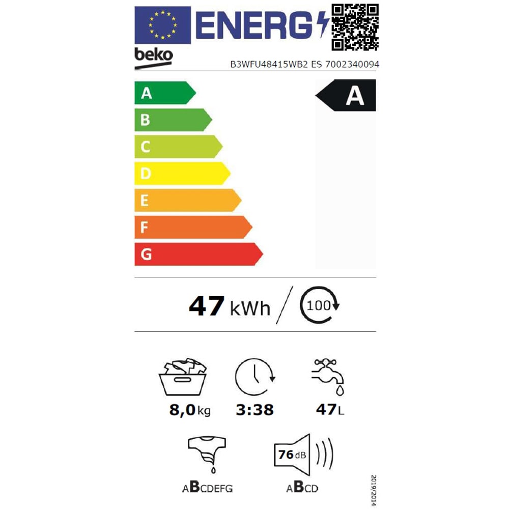 Masina de spalat rufe frontala BEKO B3WFU48415WB2ES, EnergySpin, SteamCure, 8 kg, 1400rpm, Clasa A, alb