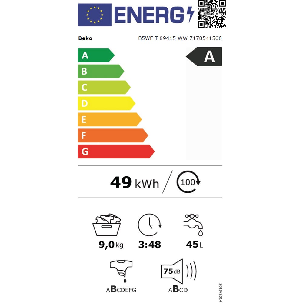 Masina de spalat rufe frontala BEKO B5WFT89415WW, SteamCure, 9 kg, 1400rpm, Clasa A, alb