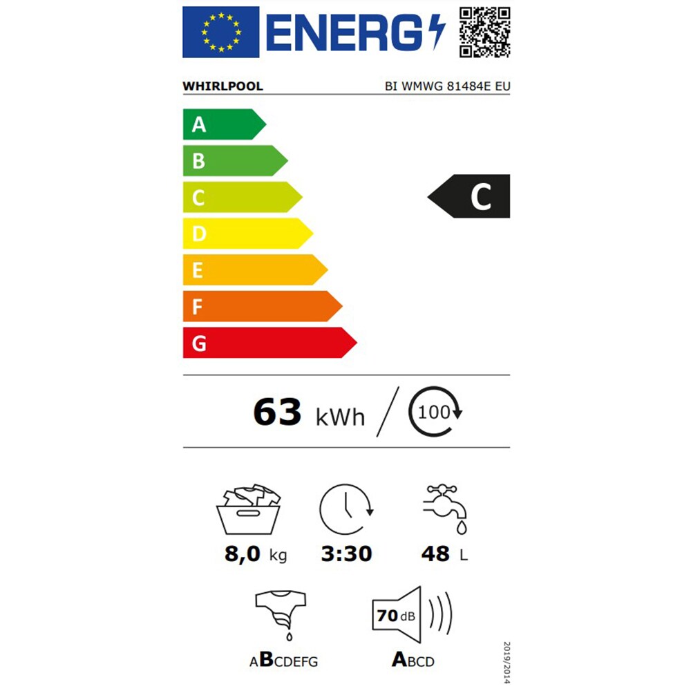 Masina de spalat rufe incorporabila WHIRLPOOL BI WMWG 81484E EU, 6th Sense, 8 kg, 1400rpm, Clasa C, alb