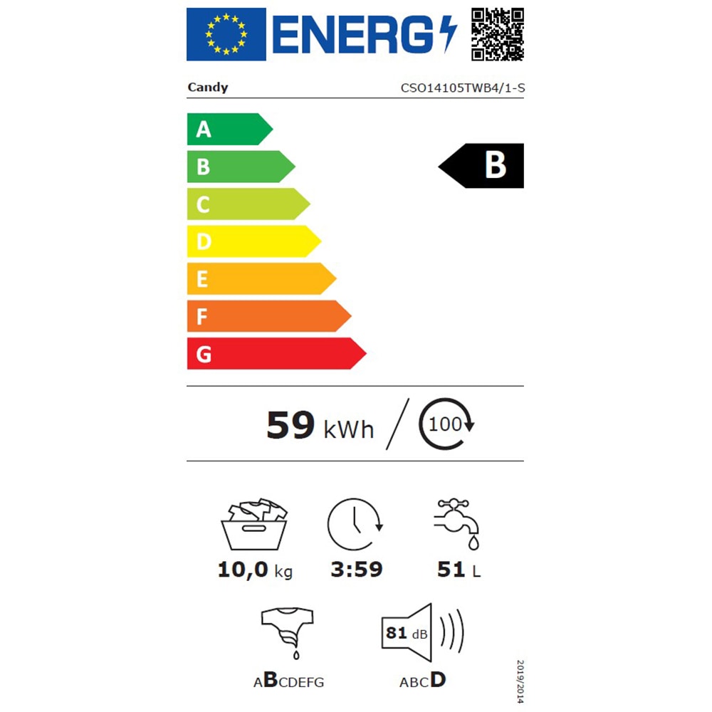 Masina de spalat rufe frontala CANDY Smart Pro CSO14105TWB4/1-S, Wi-Fi, 10 kg, 1400rpm, Clasa B, alb