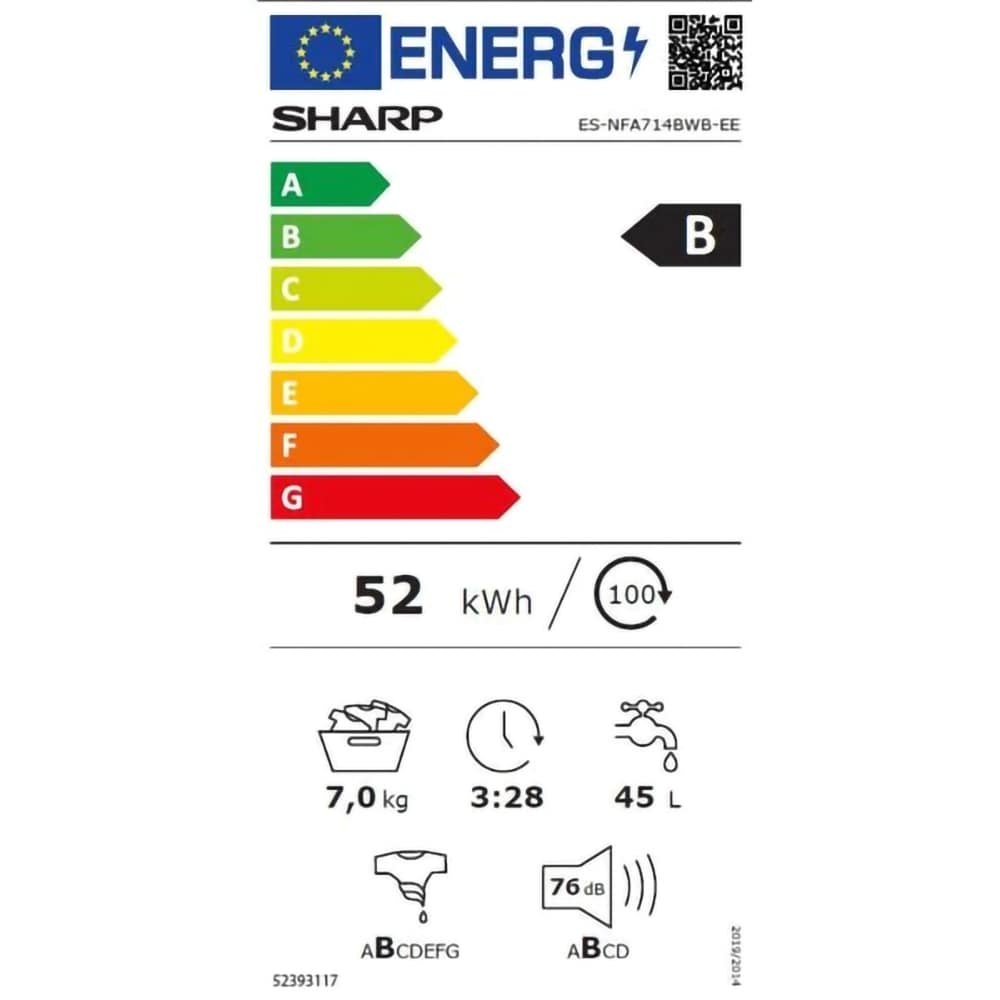 Masina de spalat rufe frontala SHARP ES-NFA714BWB-EE, AllergySmart, 7 kg, 1400rpm, Clasa B, alb