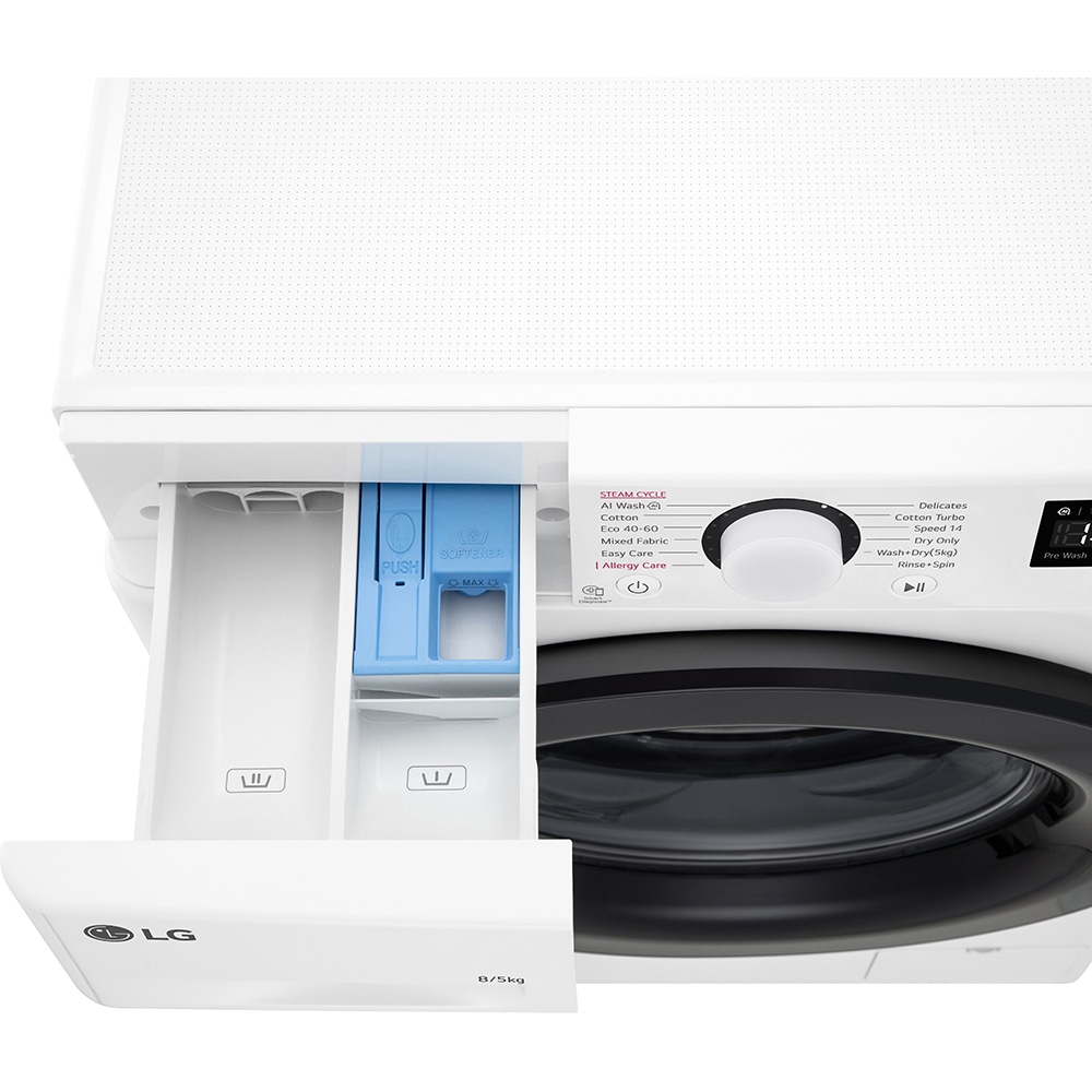 Masina de spalat rufe frontala slim cu uscator LG F2DR508SBW, Steam, AI DD, 8/5 kg, 1200rpm, Clasa A/E, alb