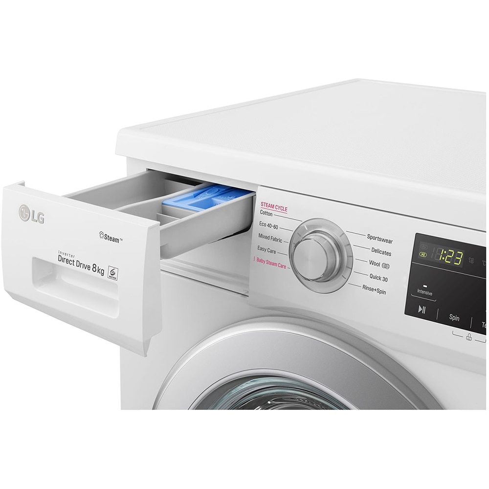 Masina de spalat rufe frontala LG F4J3TS4WE, Steam, 8 kg, 1400rpm, Clasa D, alb