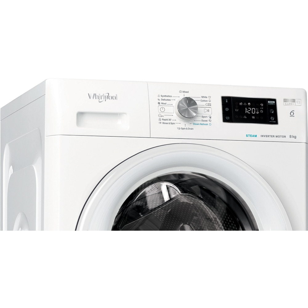 Masina de spalat rufe frontala WHIRLPOOL FFB 8489 WV EE, Steam, 6th Sense, 8 kg, 1400rpm, Clasa A, alb