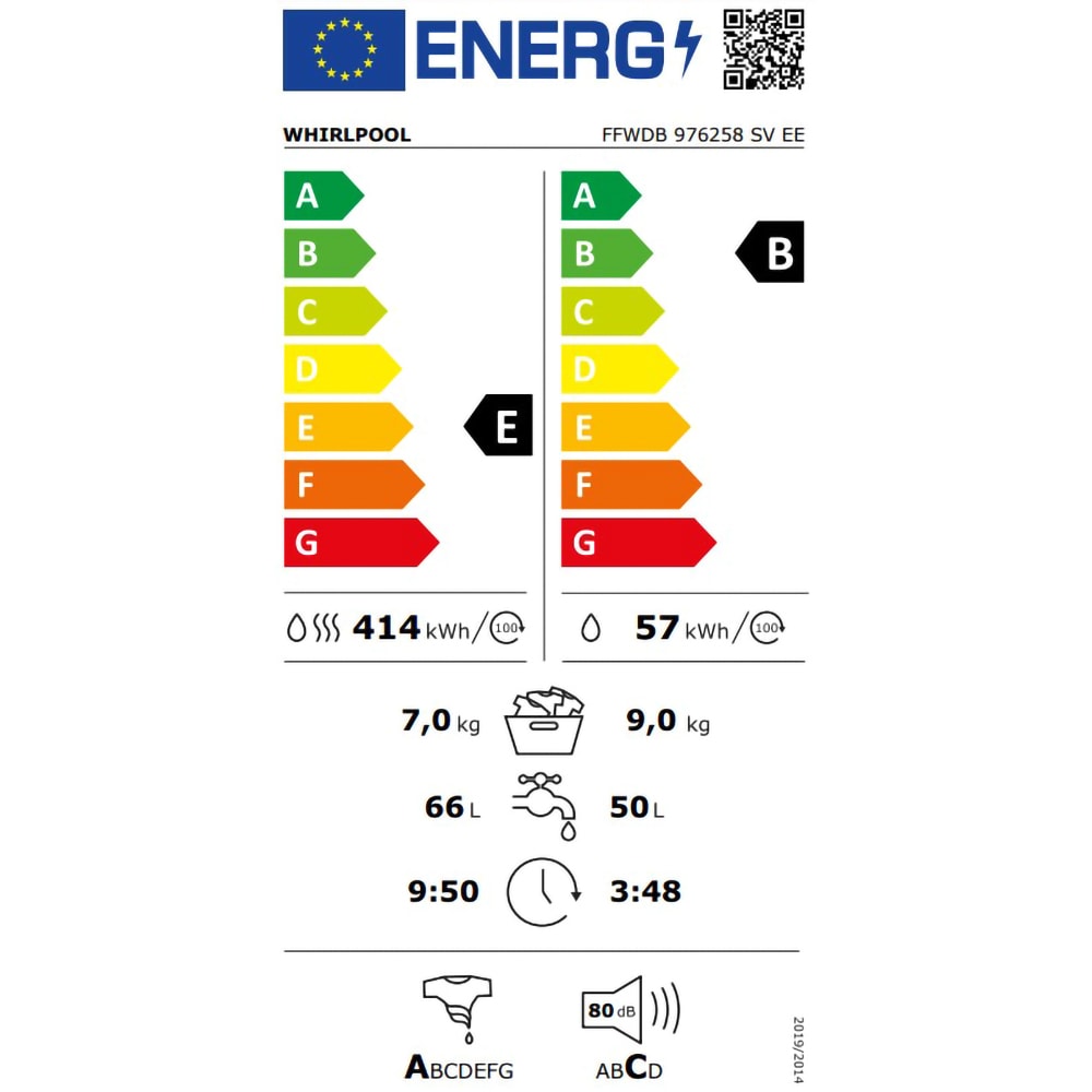 Masina de spalat rufe frontala cu uscator WHIRLPOOL FFWDB 976258 SV EE, 6th Sense, 9/7 kg, 1600rpm, Clasa B/E, alb