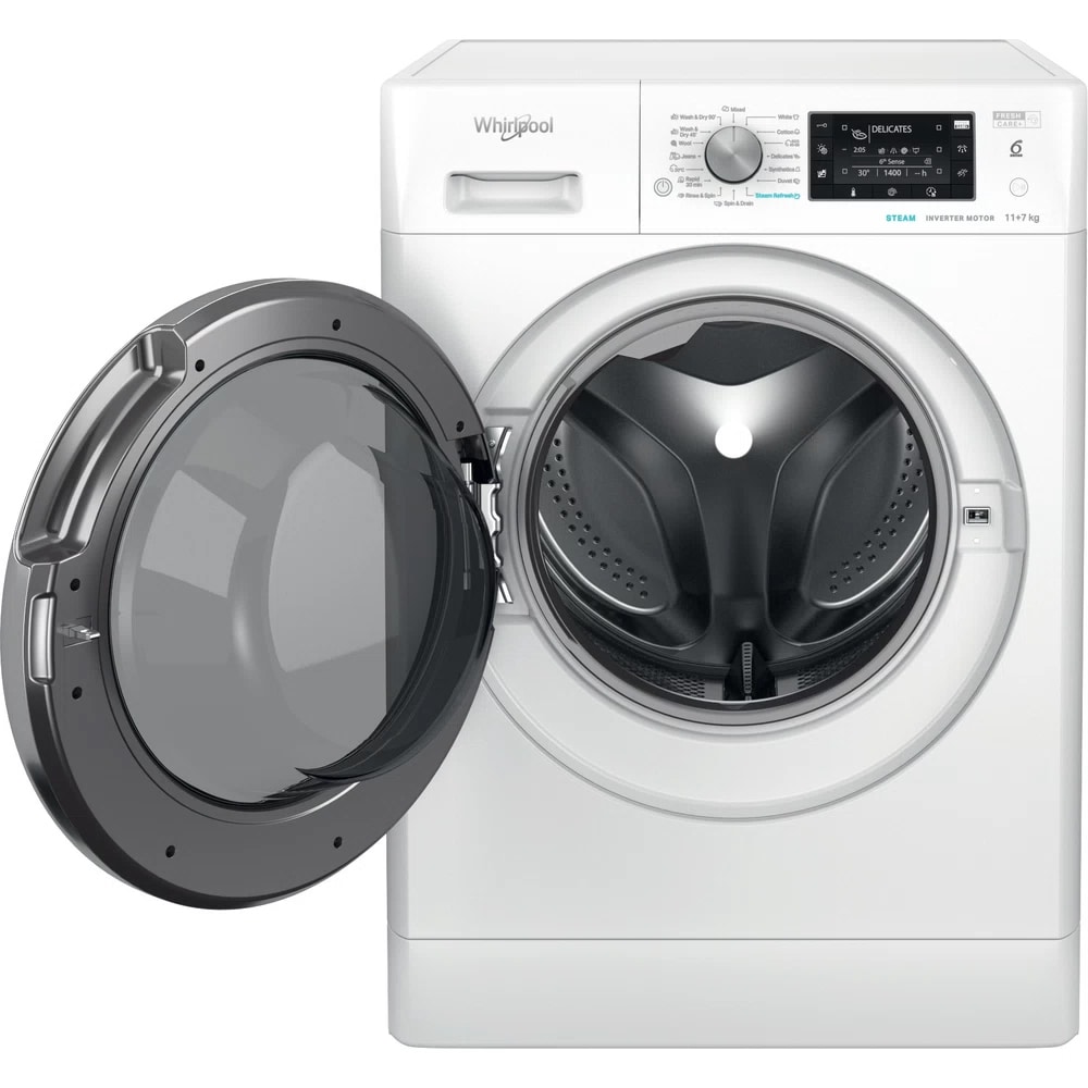 Masina de spalat rufe frontala cu uscator WHIRLPOOL FFWDD 1176258 BCV EE, 6th Sense, 11/7 kg, 1600rpm, Clasa B/E, alb