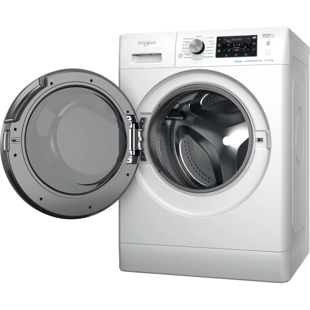 Masina de spalat rufe frontala cu uscator WHIRLPOOL FFWDD 1176258 BCV EE, 6th Sense, 11/7 kg, 1600rpm, Clasa B/E, alb