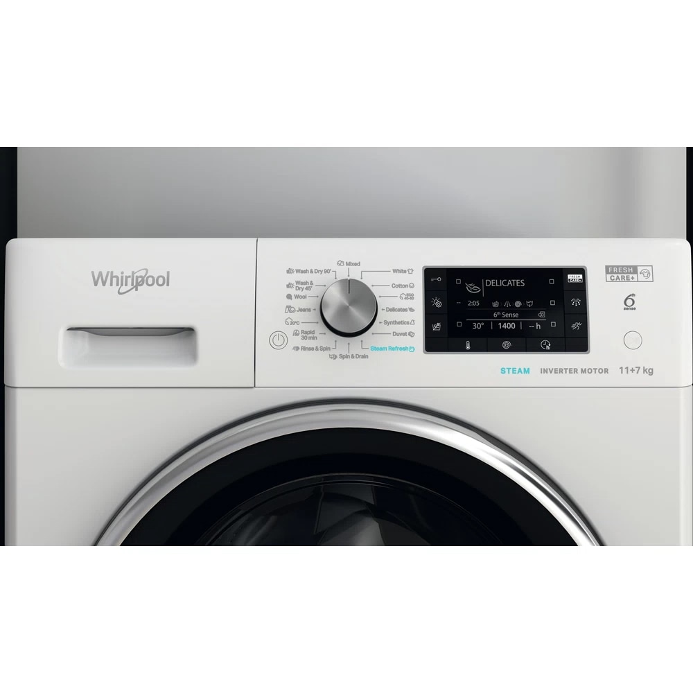 Masina de spalat rufe frontala cu uscator WHIRLPOOL FFWDD 1176258 BCV EE, 6th Sense, 11/7 kg, 1600rpm, Clasa B/E, alb