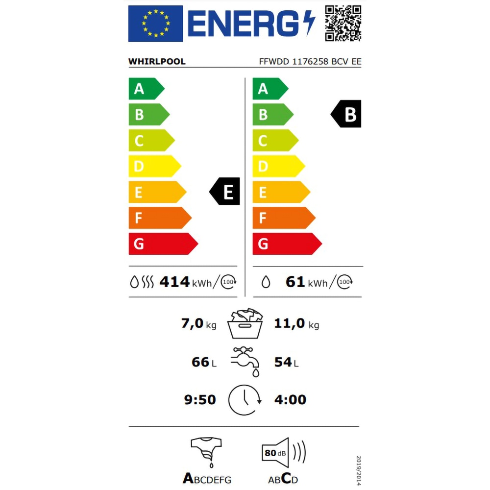 Masina de spalat rufe frontala cu uscator WHIRLPOOL FFWDD 1176258 BCV EE, 6th Sense, 11/7 kg, 1600rpm, Clasa B/E, alb