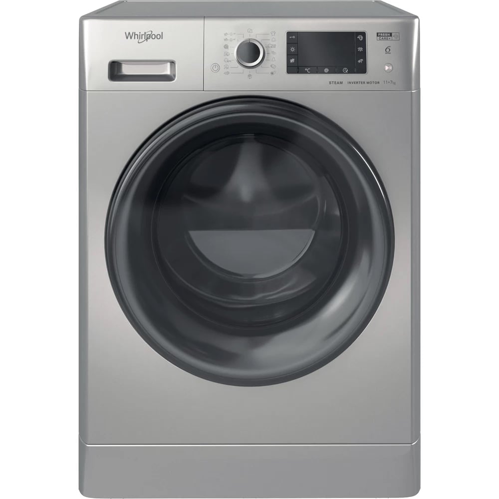 Masina de spalat rufe frontala cu uscator WHIRLPOOL FWDD 1171582 SBV EU N, 6th Sense, 11/7 kg, 1600rpm, Clasa D/E, argintiu