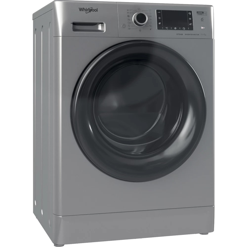 Masina de spalat rufe frontala cu uscator WHIRLPOOL FWDD 1171582 SBV EU N, 6th Sense, 11/7 kg, 1600rpm, Clasa D/E, argintiu