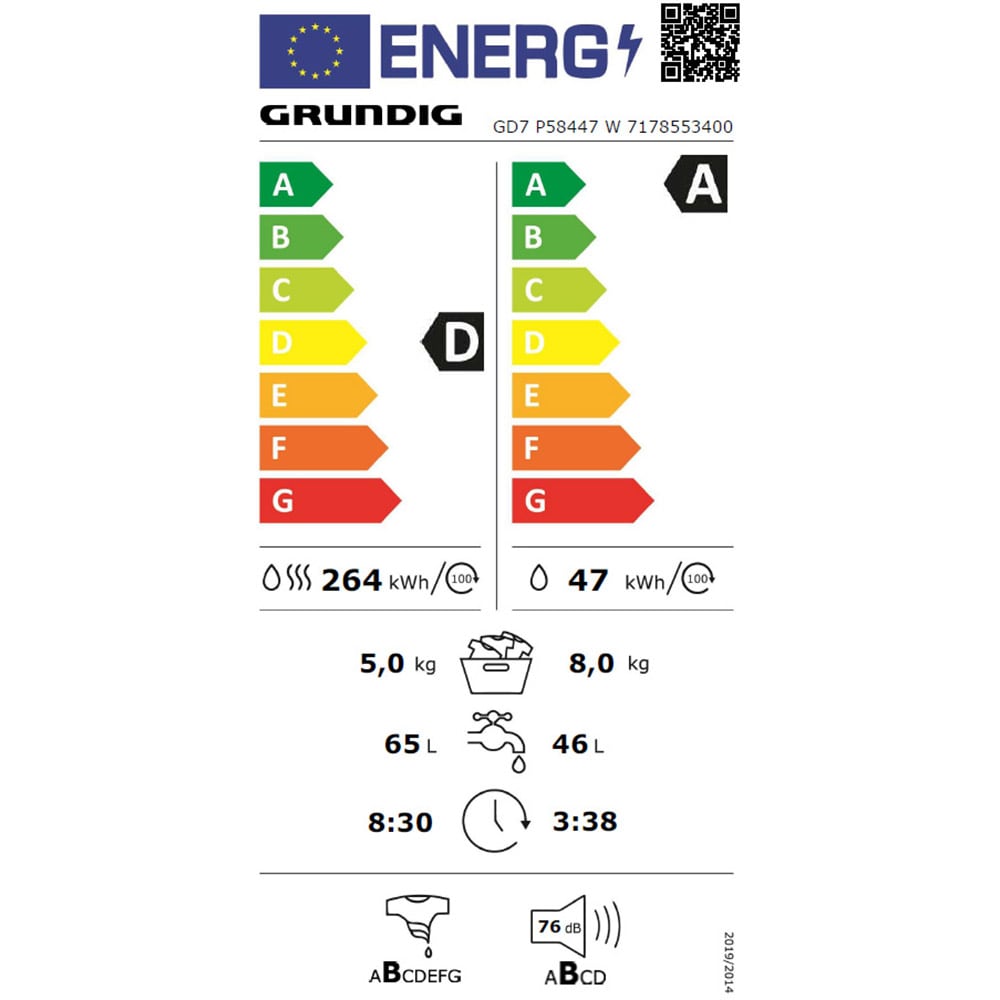 Masina de spalat rufe frontala cu uscator GRUNDIG GD7P58447W, HomeWhiz, 8/5 kg, 1400 rpm, Clasa A/D, alb