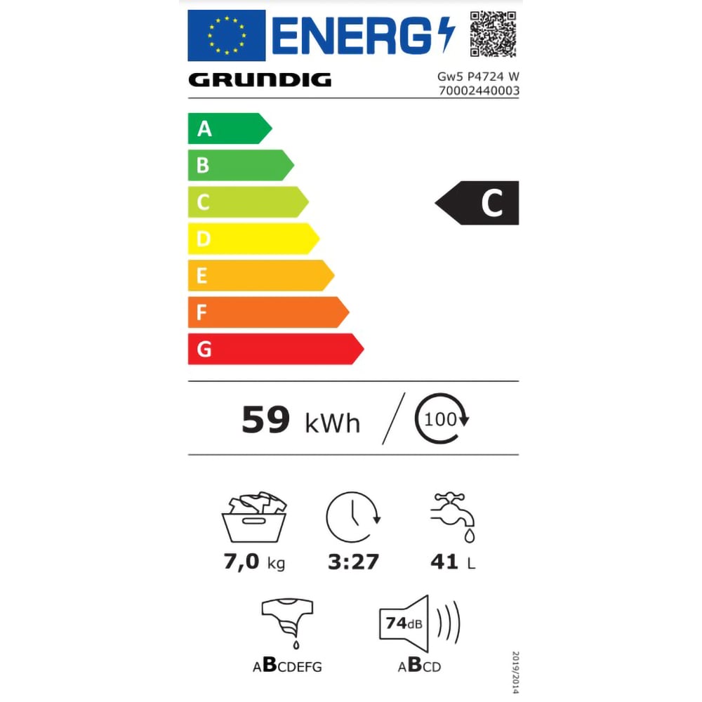 Masina de spalat rufe frontala GRUNDIG GW5 P4724 W, 7 kg, 1200rpm, Clasa C, alb