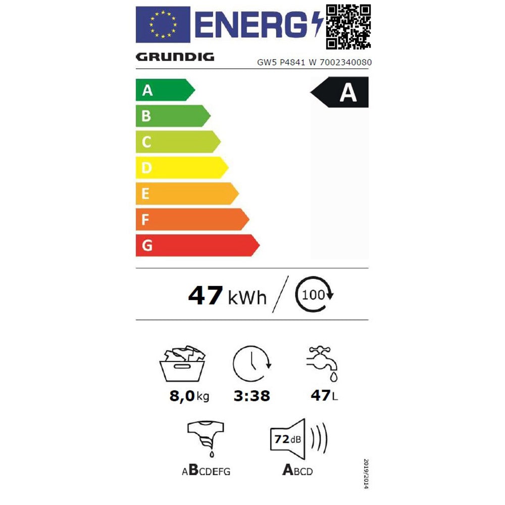 Masina de spalat rufe frontala GRUNDIG GW5P4841W, Steam, 8 kg, 1400 rpm, Clasa A, alb
