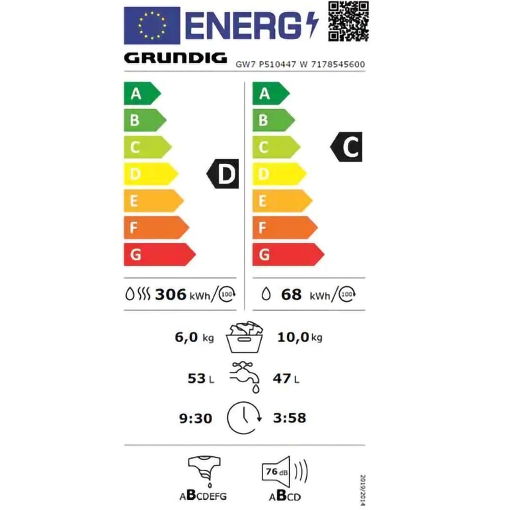 Masina de spalat rufe frontala cu uscator GRUNDIG GW7P510447W, HomeWhiz, 10/6 kg, 1400rpm, Clasa C/D, alb