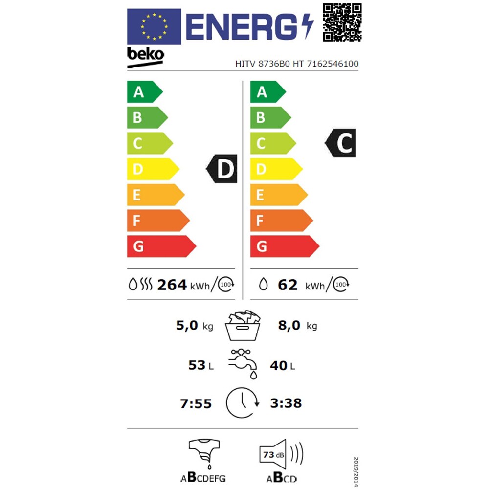 Masina de spalat rufe incorporabila cu uscator BEKO HITV8736B0HT, 8/5 kg, 1400rpm, Clasa C/D, alb