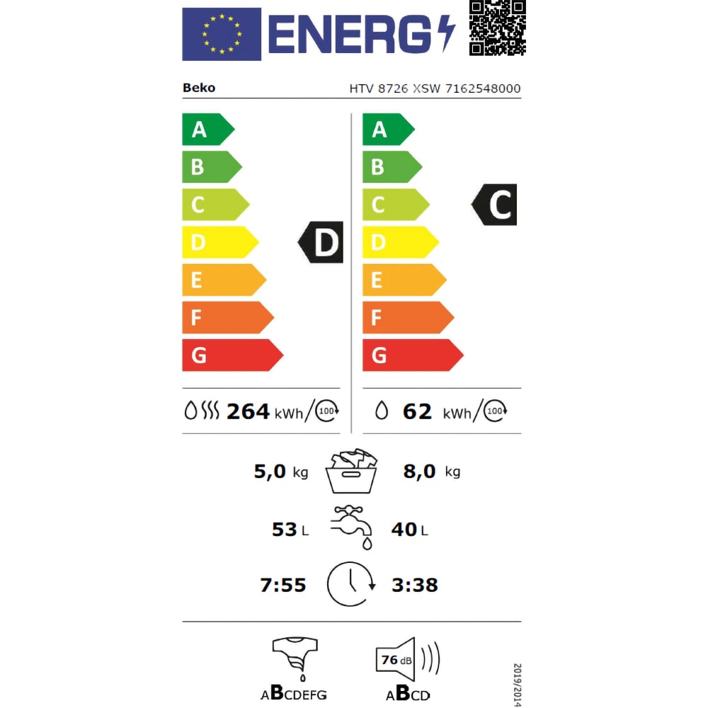 Masina de spalat rufe frontala cu uscator BEKO HTV8726XSW, SteamCure, 8/5 kg, 1400rpm, Clasa C/D, alb