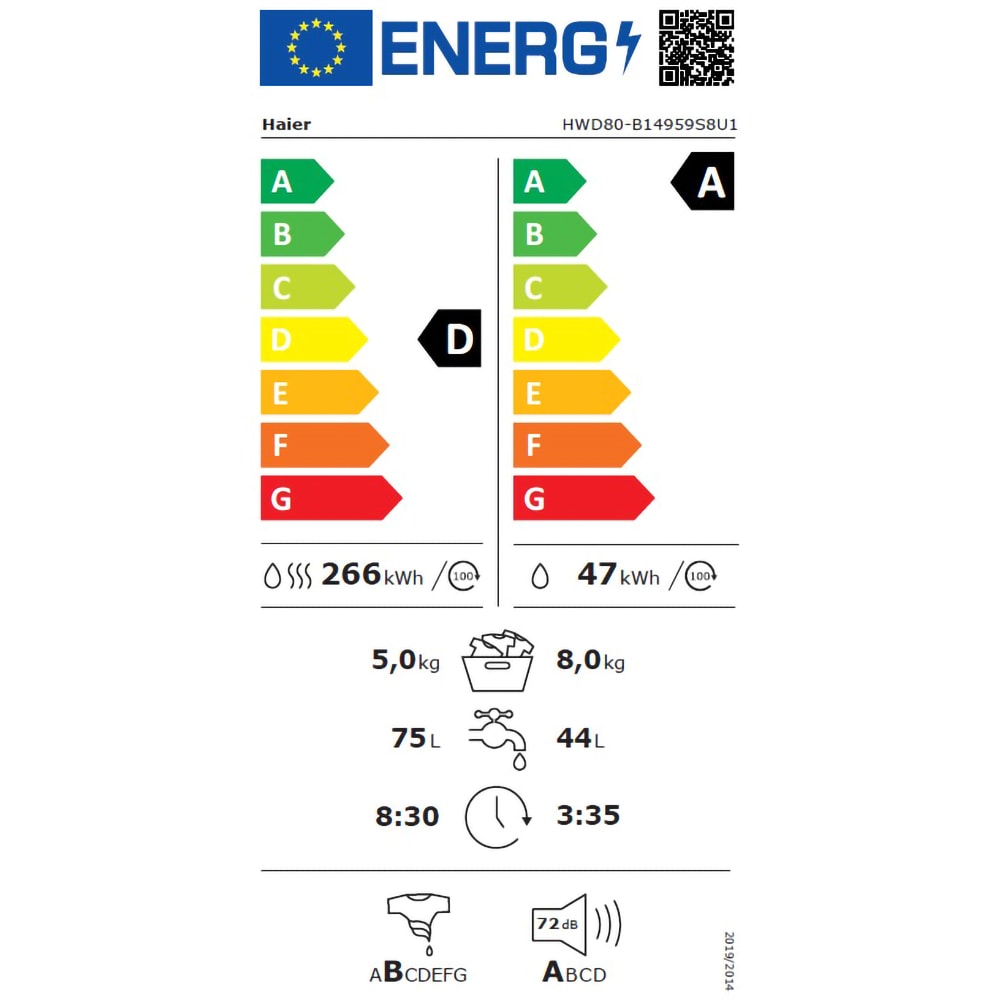 Masina de spalat frontala slim cu uscator HAIER HWD80B14959S8U1S, iRefresh, 8/5 kg, 1400rpm, Clasa A/D, antracit