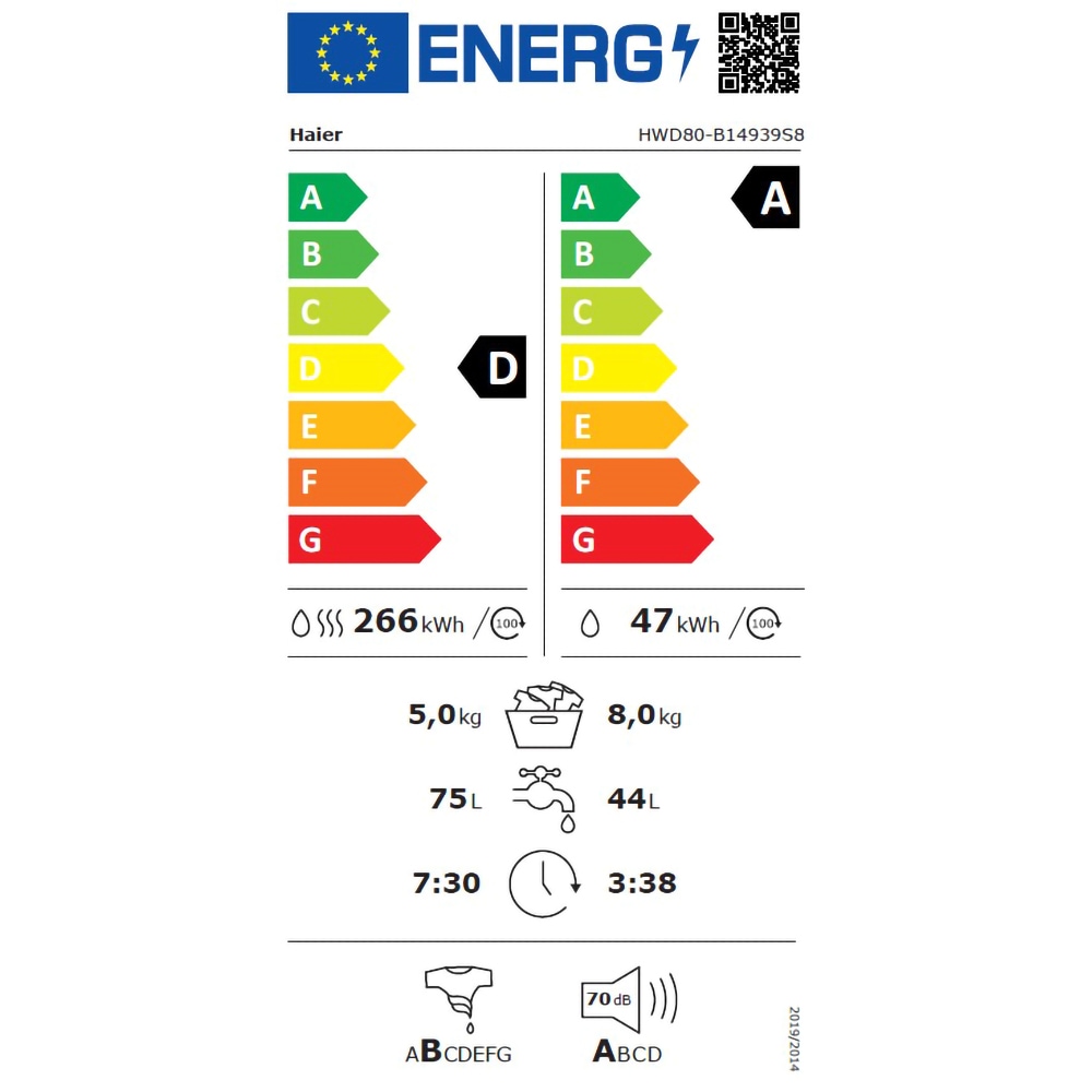 Masina de spalat rufe frontala cu uscator HAIER HWD80-B14939S8-S, 8/5 kg, 1400rpm, Clasa A/D, antracit