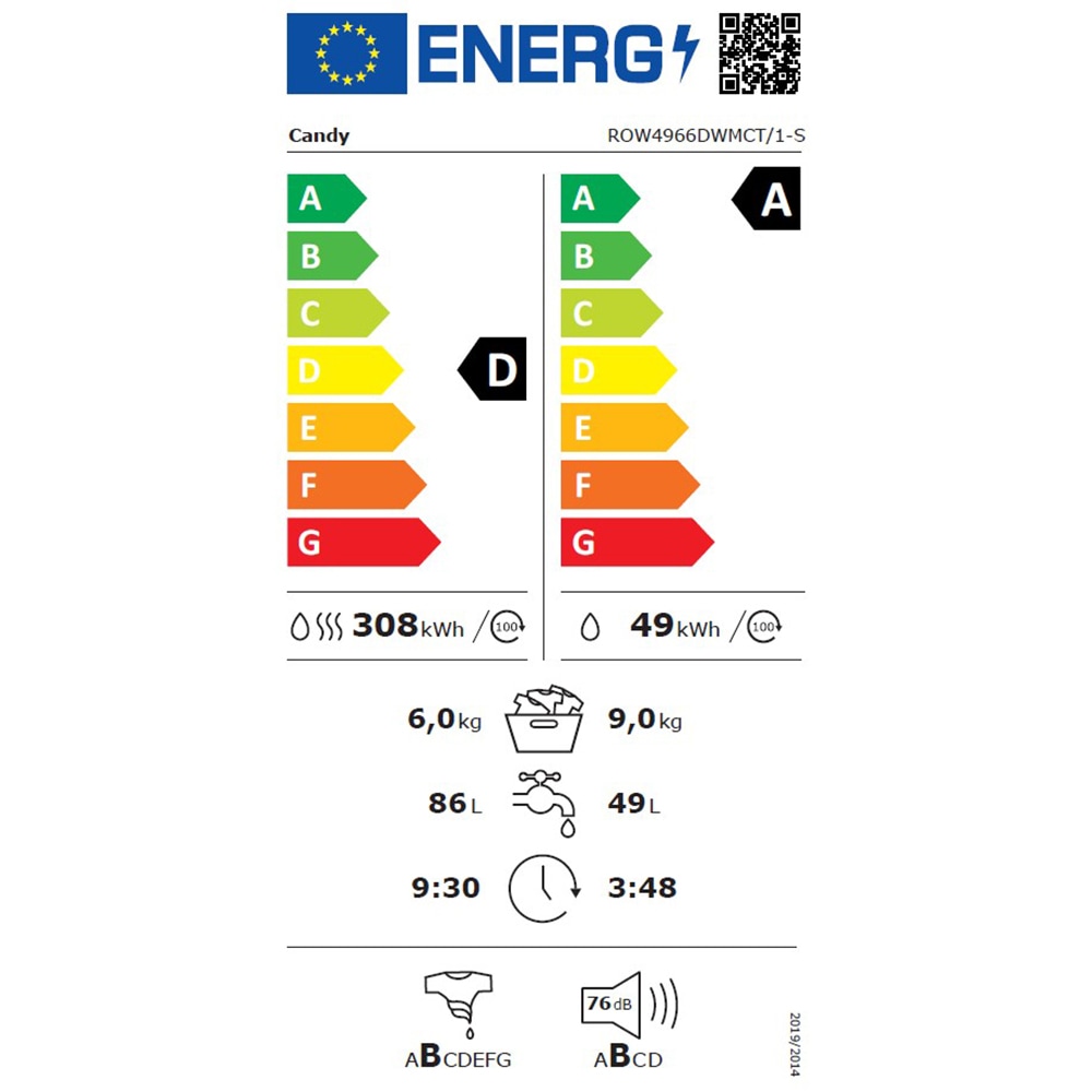Masina de spalat rufe frontala cu uscator CANDY ROW4966DWMCT/1-S, Wi-Fi, 9/6 kg, 1400rpm, Clasa A/D, alb