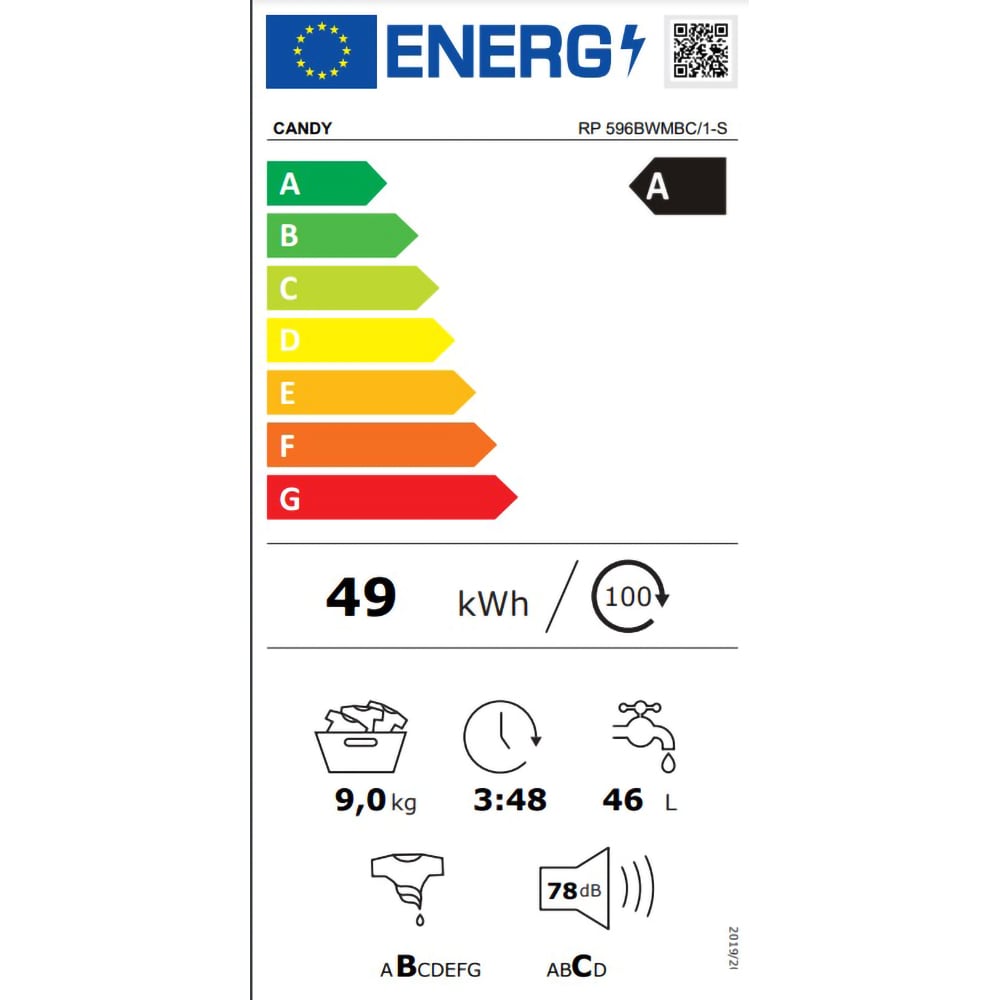 Masina de spalat rufe frontala CANDY Rapido PRO 596BWMBC/1-S, Wi-Fi, 9 kg, 1500rpm, Clasa A, alb