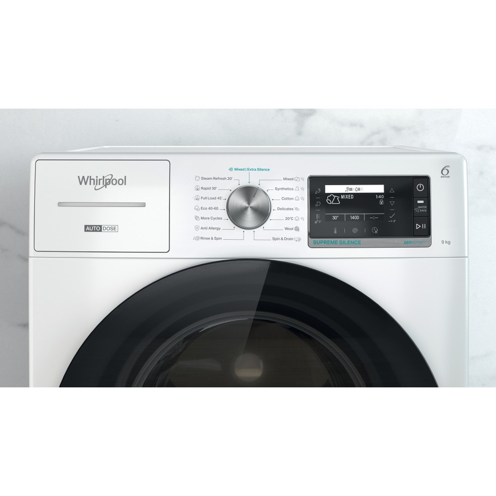 Masina de spalat rufe frontala WHIRLPOOL W8 99AD SILENCE EE, Steam, 6th Sense, 9 kg, 1400rpm, Clasa A, alb