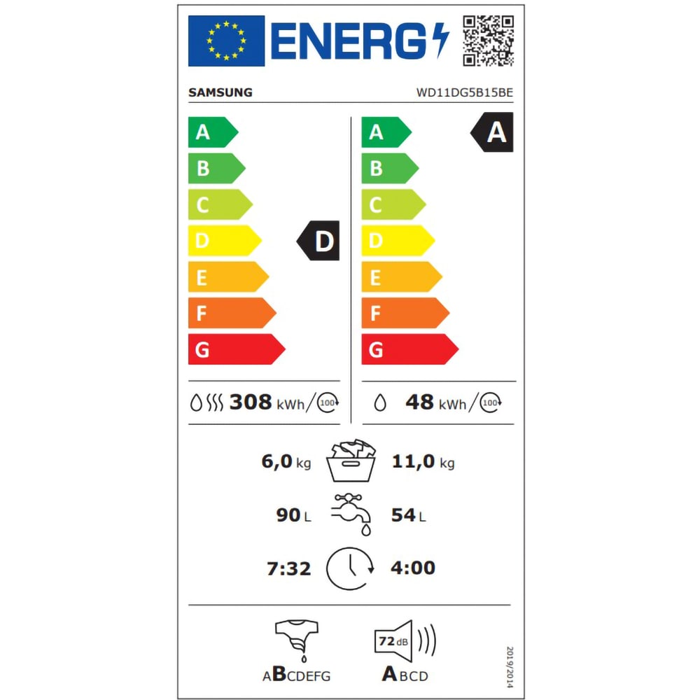 Masina de spalat rufe frontala cu uscator SAMSUNG WD11DG5B15BELE, Wi-Fi, Eco Bubble, 9/6 kg, 1400rpm, Clasa A/D, alb