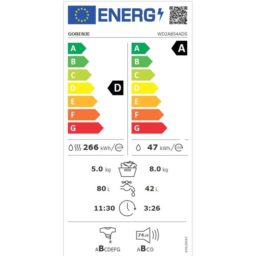 Masina de spalat rufe frontala cu uscator GORENJE WD2A854ADS, 8/5 kg, 1400rpm, Clasa A/D, alb