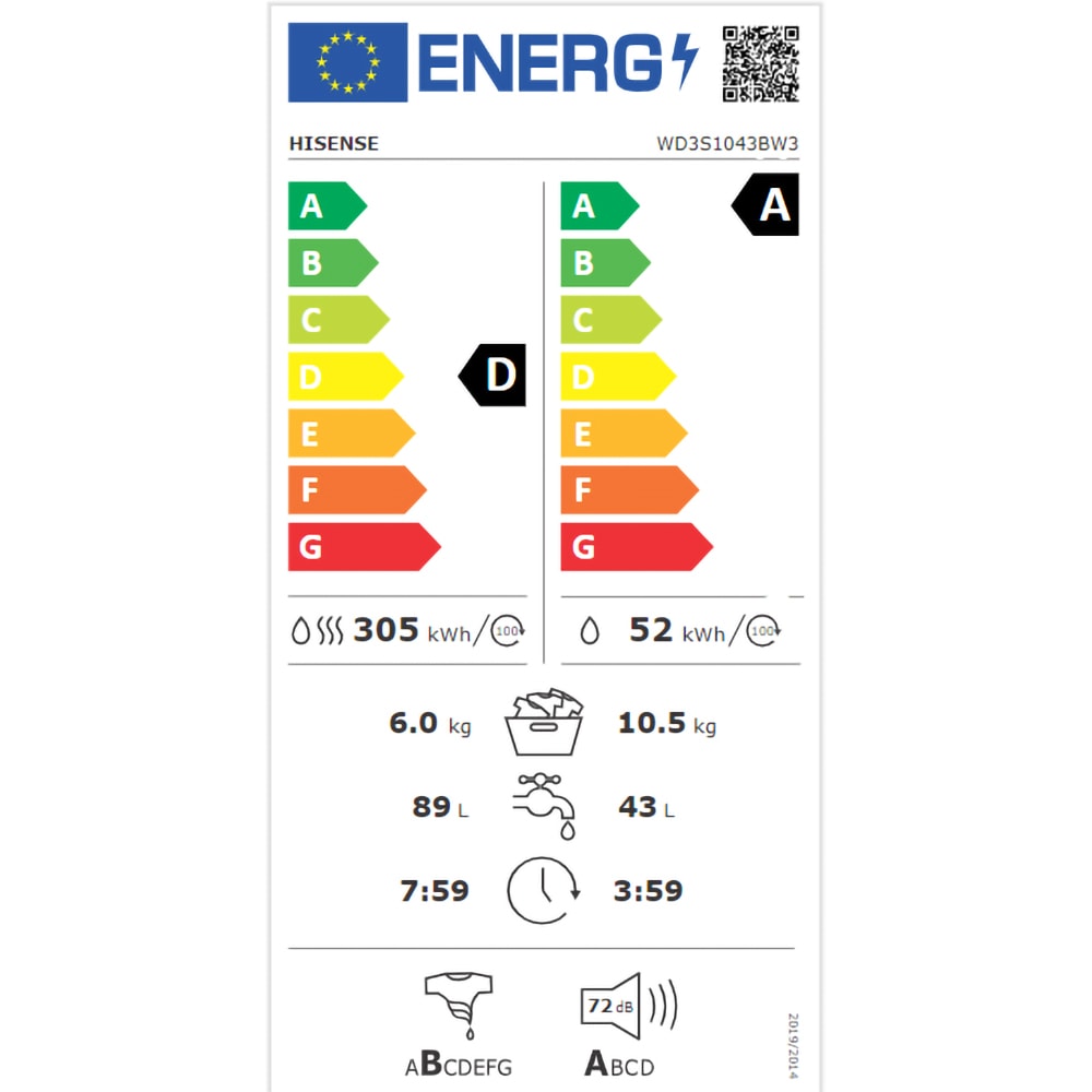 Masina de spalat rufe frontala cu uscator HISENSE WD3S1043BW3, Steam, 10.5/6 kg, 1400rpm, Clasa A/D, Wi-Fi, alb