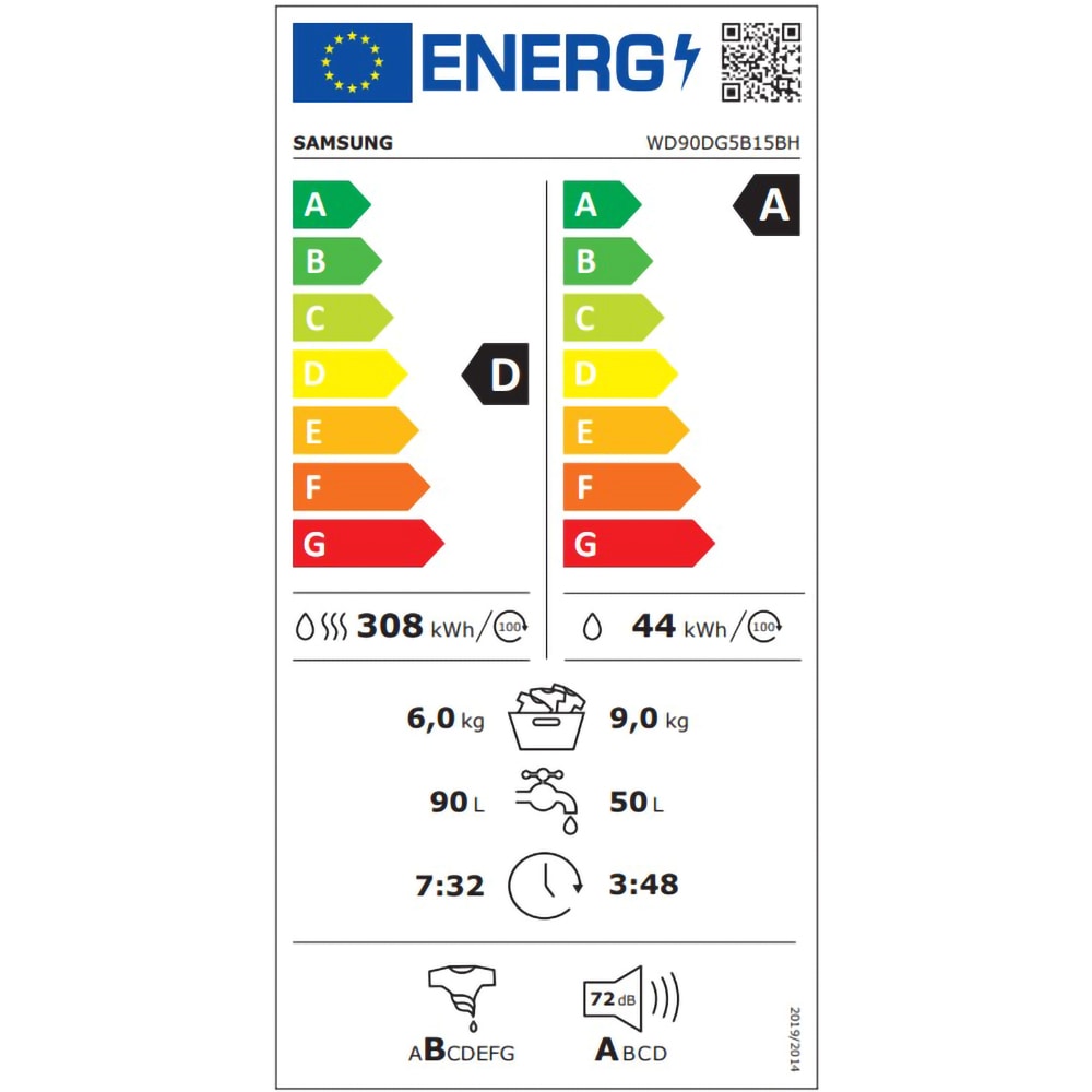 Masina de spalat rufe frontala cu uscator SAMSUNG WD90DG5B15BHLE, Wi-Fi, Eco Bubble, 9/6 kg, 1400rpm, Clasa A/D, alb