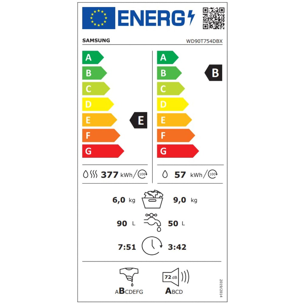 Masina de spalat rufe frontala cu uscator SAMSUNG WD90T754DBX/S7, AI Control, Eco Bubble, 9/6 kg, 1400rpm, Clasa B/E, negru