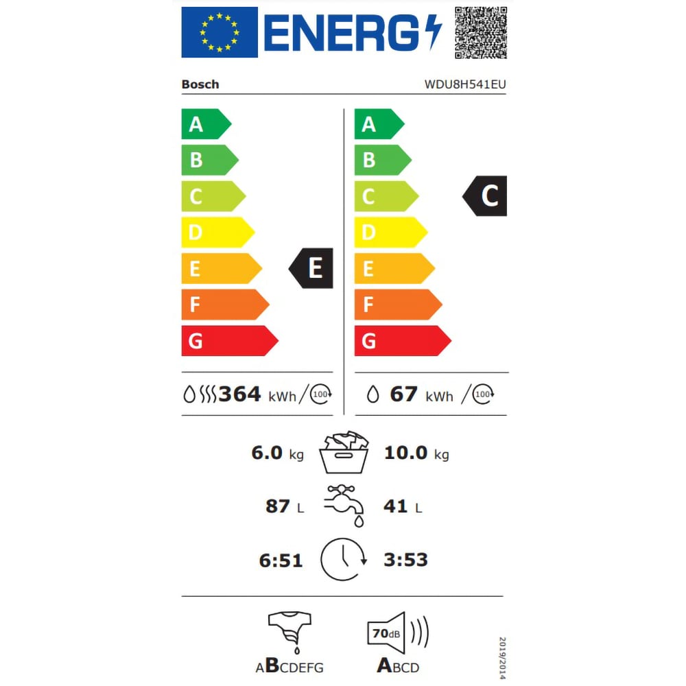 Masina de spalat rufe frontala cu uscator BOSCH WDU8H541EU, 10/6 kg, 1400rpm, Clasa C/E, alb